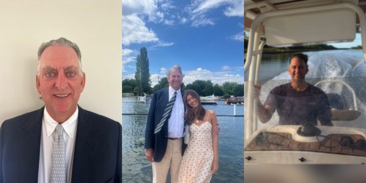Triptych of Stephen Berger. Left most photo is a portrait of Stephen Berger, center is Stephen posing with his Daughter and right most is Stephen piloting a boat