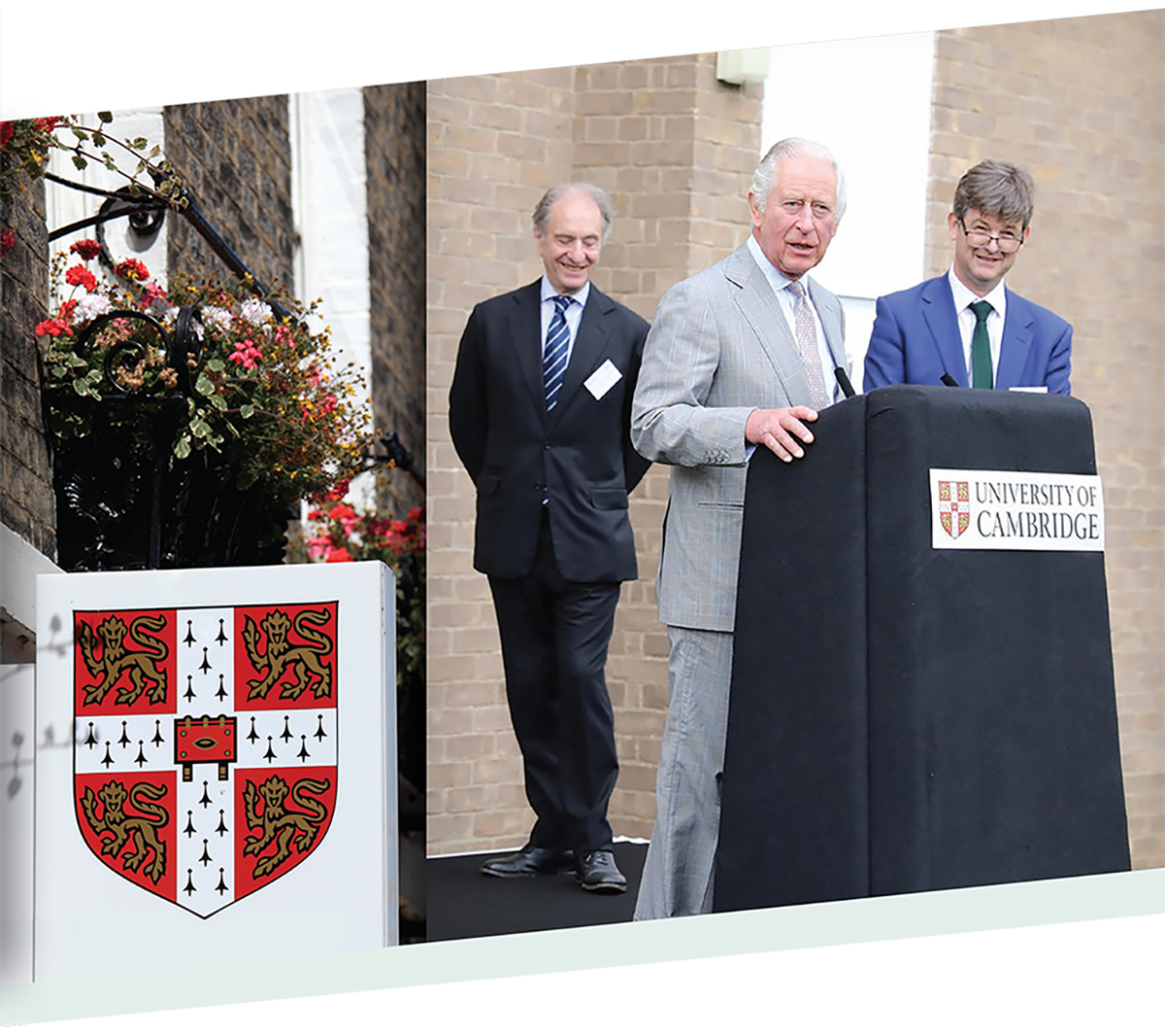 King Charles giving a speech outside at a University of Cambridge lecturn