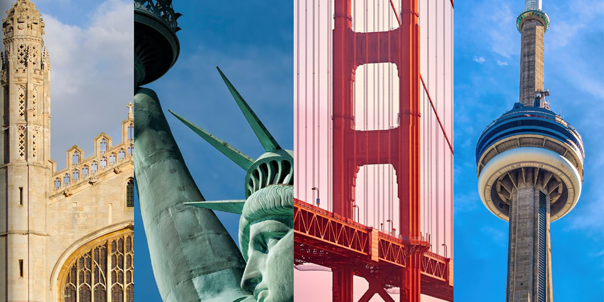Four images of iconic buildings in Cambridge and the USA
