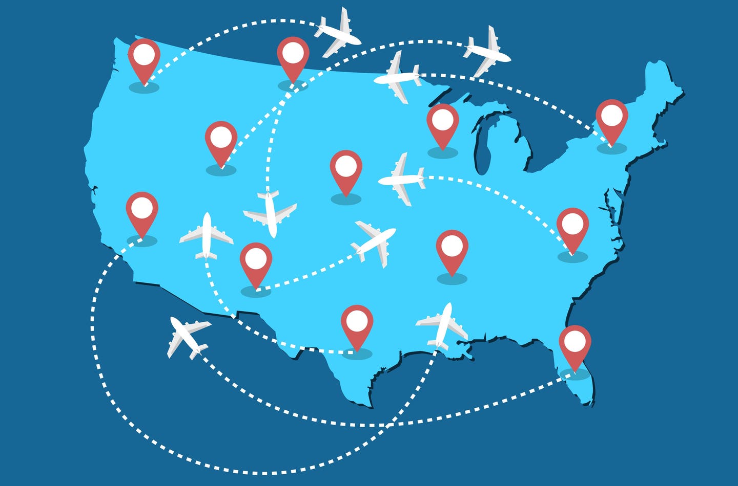 Illustration of planes travelled between different in domestic locations