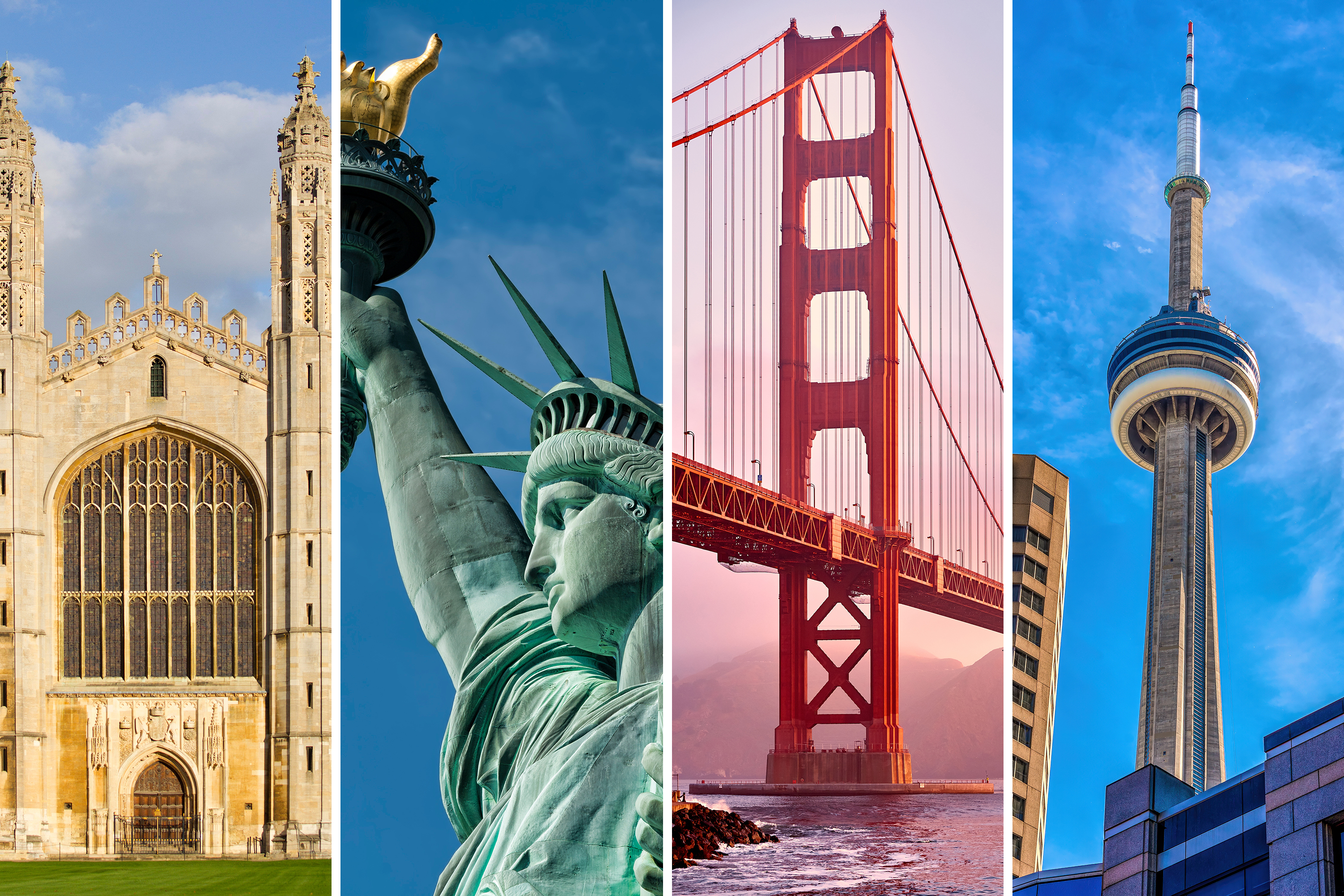 Four images of iconic buildings in Cambridge and the USA