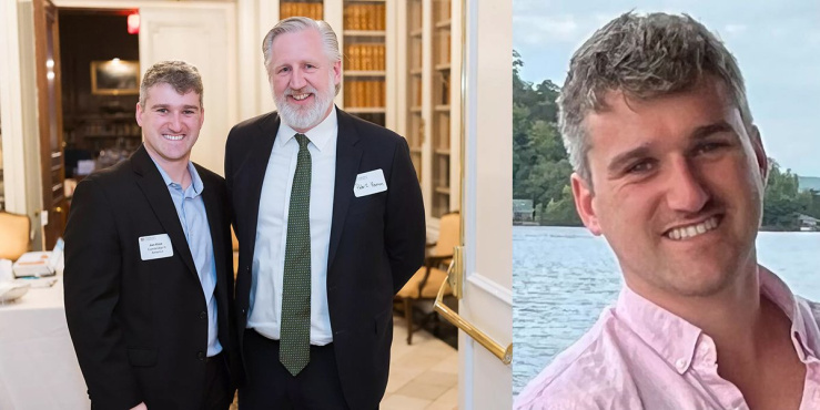 Two pictures of Jon Kase. On the left Jon Kase stood with Peter Hansen and the right a head shot of Jon Kase near a body of water