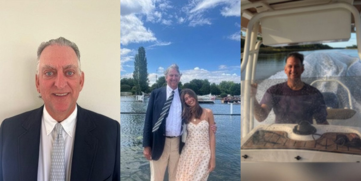 Triptych of Stephen Berger. Left most photo is a portrait of Stephen Berger, center is Stephen posing with his Daughter and right most is Stephen piloting a boat