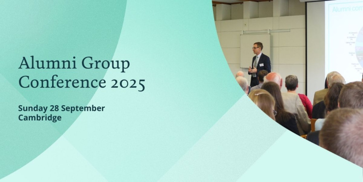 Man presenting to crowd and text on Cambridge Blue: "alumni group conference 2025, sunday 28 september, cambridge"