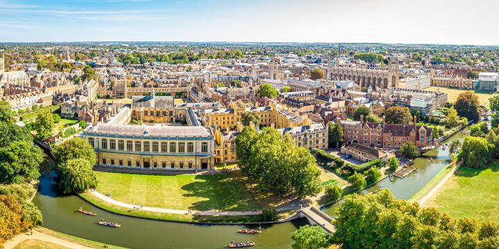 Cambridge aerial panorama on a sunny day