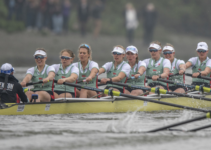 Wide shot of Cambridge rowing team mid practice