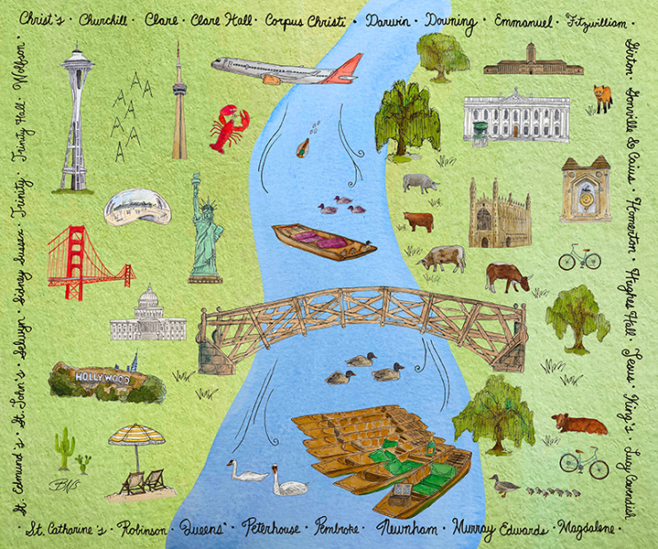 Illustration of a bridge over a river. On the left iconic America landmarks, on the right Cambridge landmarks