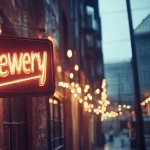 Brewery sign with fairy lights on a brick building at night