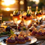 plates of food and drinks at a drinks reception