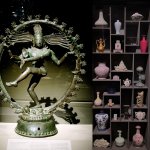 Picture of Chola Bronze and artifacts on a shelf at the Asian Art Museum
