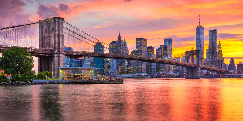 New York City skyline at dusk Brooklyn Bridge