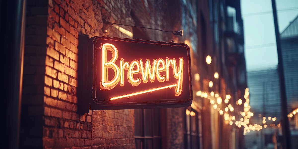 Brewery sign with fairy lights on a brick building at night