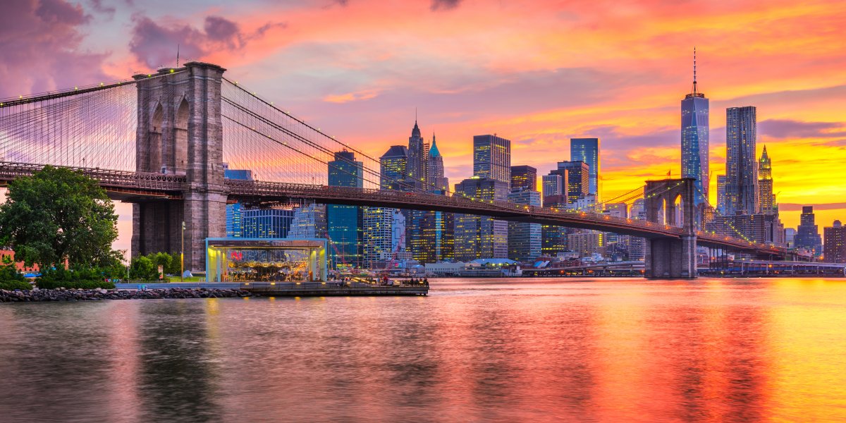 New York City skyline at dusk Brooklyn Bridge