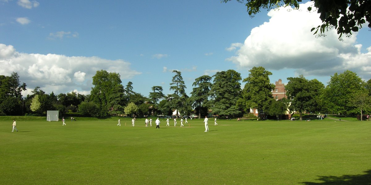 Green cricket pitch with cricketers in dressed in cricket whites