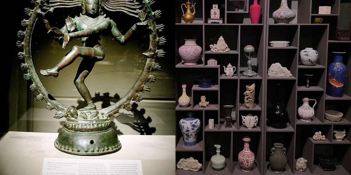 Picture of Chola Bronze and artifacts on a shelf at the Asian Art Museum